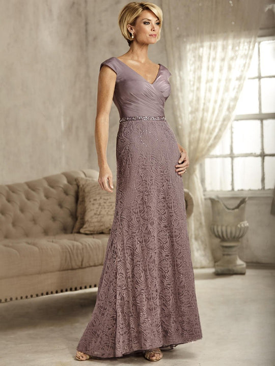 Chiffon And Beaded Lace Wide V Neck Gown 17820 in Purple