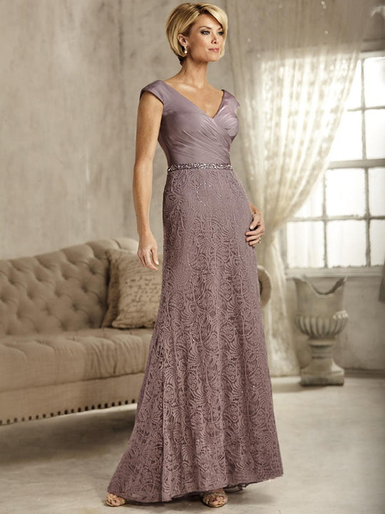 Christina Wu Elegance - 17820 Chiffon And Beaded Lace Wide Vneck  Gown in Purple