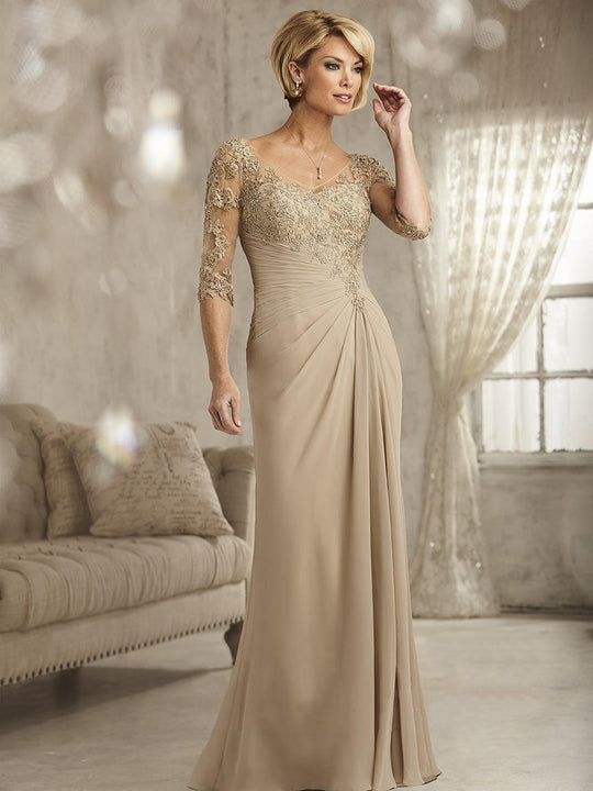 Christina Wu Elegance - 17823 Embroidered Lace V-neck Chiffon Dress in Neutral