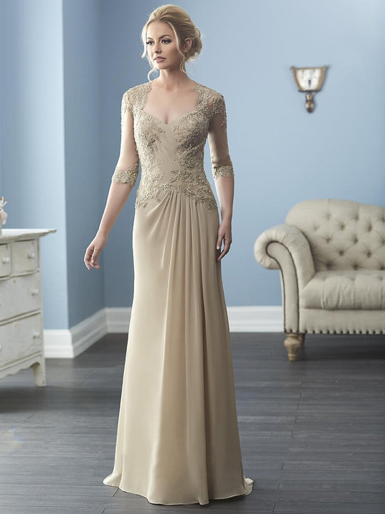 Christina Wu Elegance - 17836 Lace Queen Anne Neck Chiffon Sheath Gown in Neutral