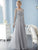 Christina Wu Elegance - Long Sleeve Beaded Illusion Bateau Dress 17837 in Silver