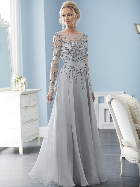 Christina Wu Elegance - 17837 Beaded Illusion Bateau Chiffon  Dress in Gray