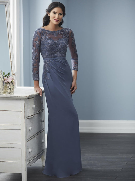 Christina Wu Elegance - 17838 Lace Illusion Bateau Chiffon Sheath Gown in Blue