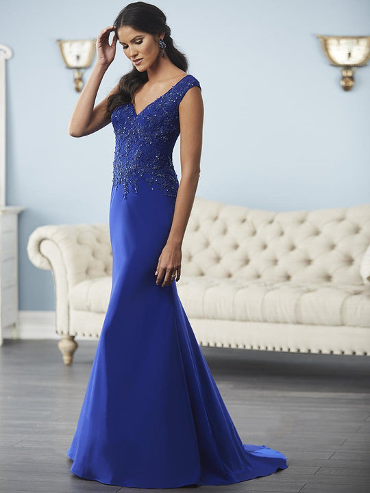 Christina Wu Elegance - 17841 Beaded Lace V-neck Trumpet Dress in Blue