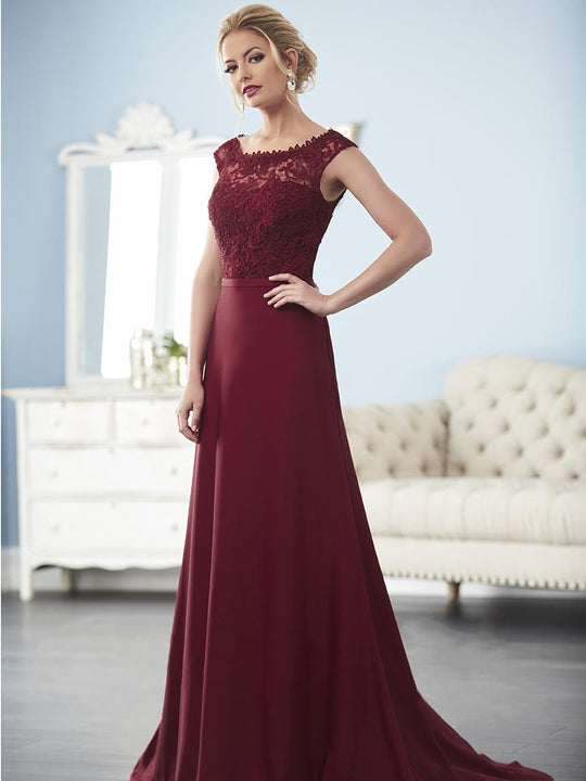 Christina Wu Elegance - 17843 Lace Bateau Neck A-line Dress in Red