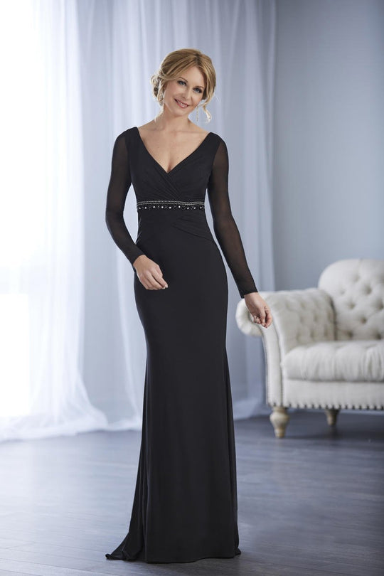 Christina Wu Elegance - 17845 Beaded Long Sleeve V-neck Jersey Dress in Black