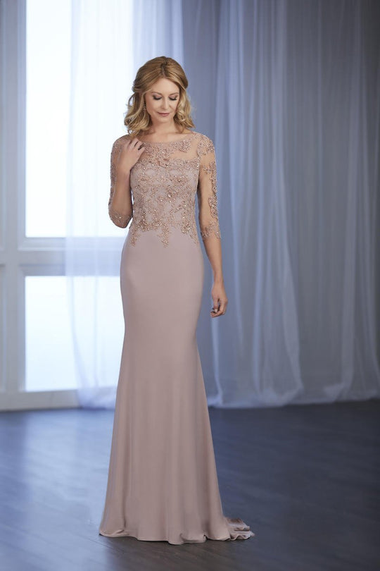 Christina Wu Elegance - 17852 Beaded Lace Illusion Bateau Jersey Gown in Pink