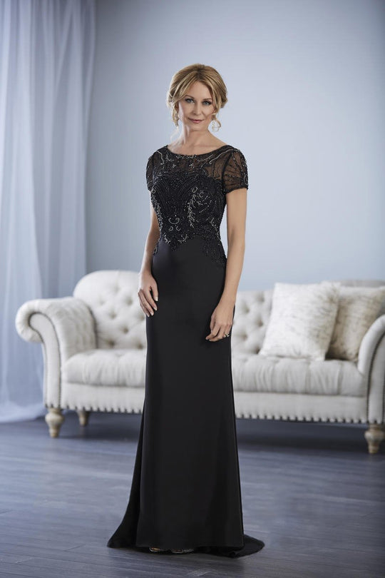 Christina Wu Elegance - 17853 Beaded Bateau Short Sleeve Sheath Dress in Black