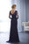 Christina Wu Elegance Ornate Lace Illusion Draped Jersey Gown in Indigo