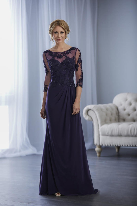 Christina Wu Elegance Ornate Lace Illusion Draped Jersey Gown in Indigo