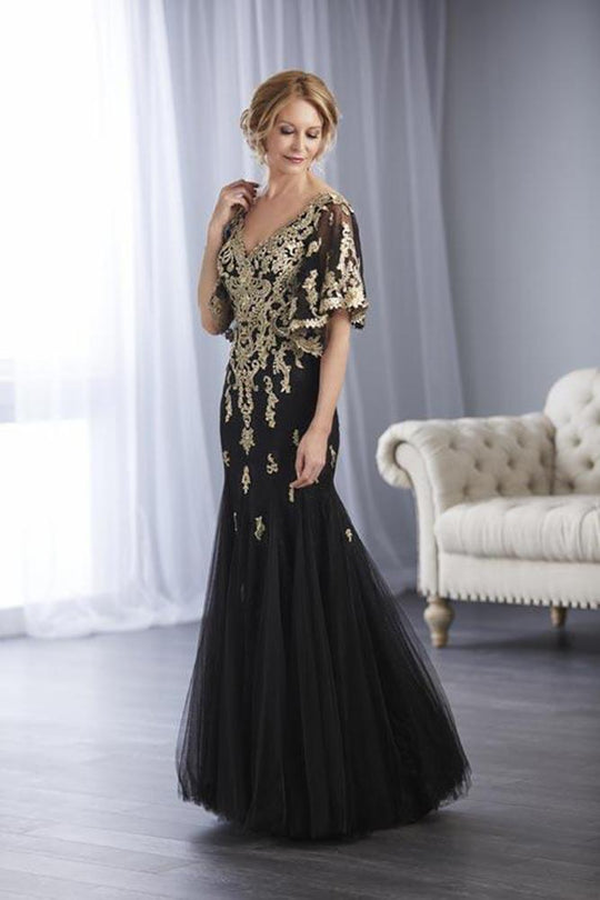Christina Wu Elegance - 17859 Embroidered Beaded Lace Deep V-neck Gown in Black and Gold