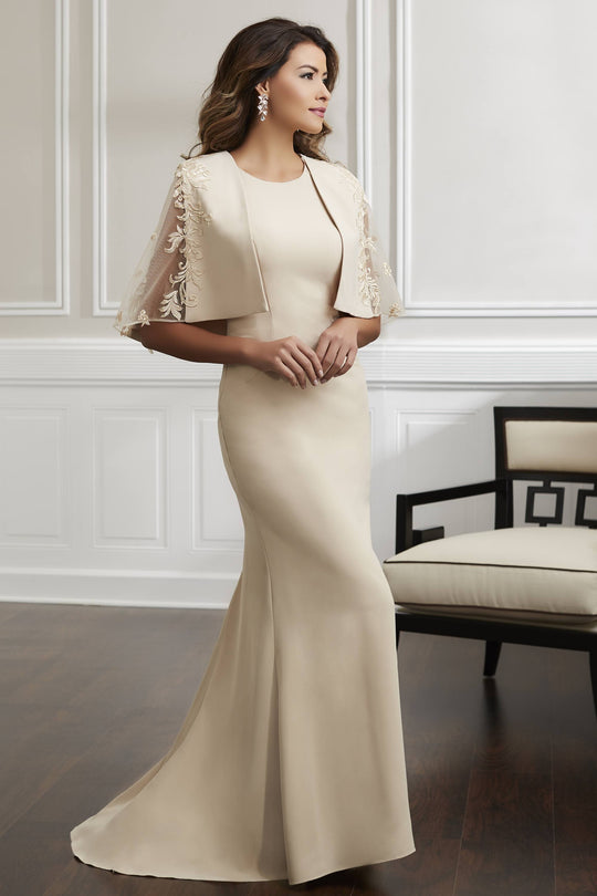Christina Wu Elegance - 17909 Long Gown with Illusion Paneled Cape In Neutral