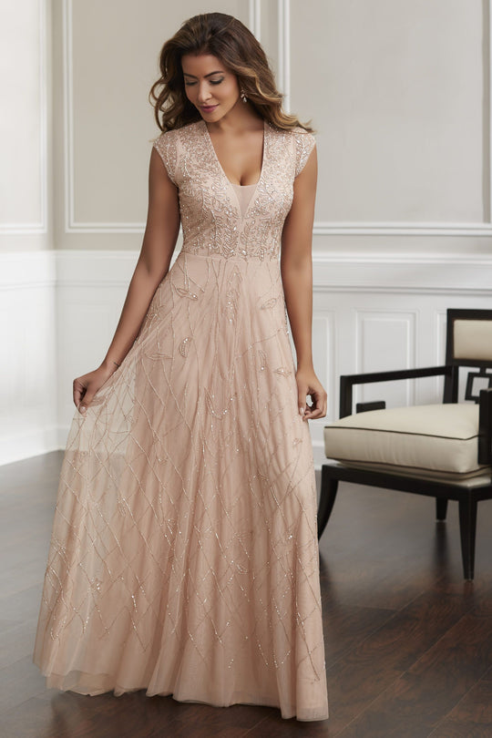 Christina Wu Elegance - 17911 Plunging V Neck Beaded A-Line Gown In Pink and Neutral