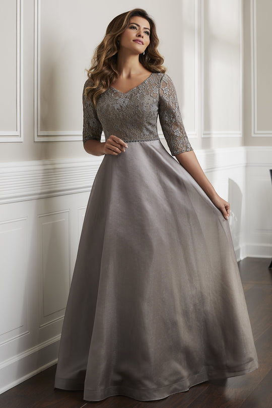 Christina Wu Elegance - 17912 Quarter Sleeve Lace Bodice A-Line Gown In Silver