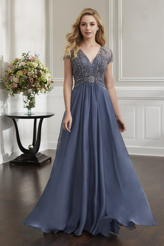 Christina Wu Elegance - 17914 Beaded Bodice Iridescent Chiffon Gown In Blue