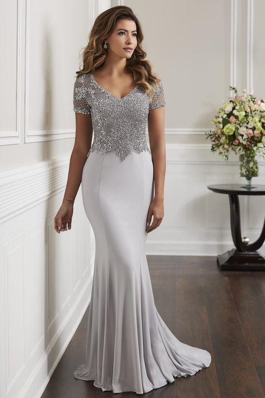 Christina Wu Elegance - 17916 Beaded Bodice Jersey Trumpet Gown In White and Silver