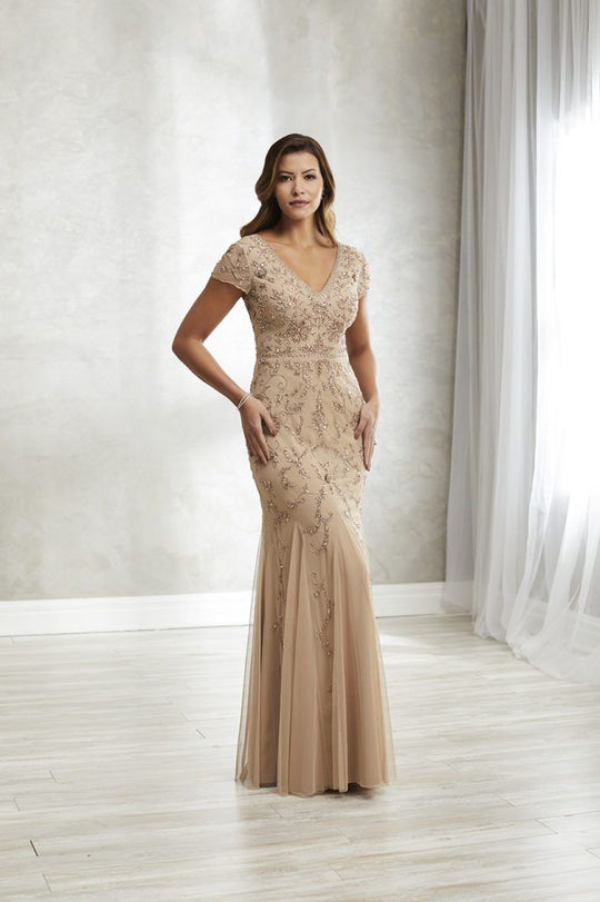 Christina Wu Elegance - 17934 Embellished V-neck Trumpet Dress In Neutral