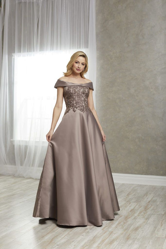 Christina Wu Elegance - 17940 Applique Off-Shoulder Satin A-line Gown In Brown