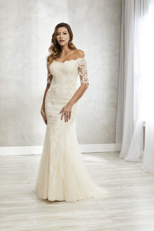 Christina Wu Elegance - 17942 Beaded Lace Off-Shoulder Trumpet Dress In Neutral