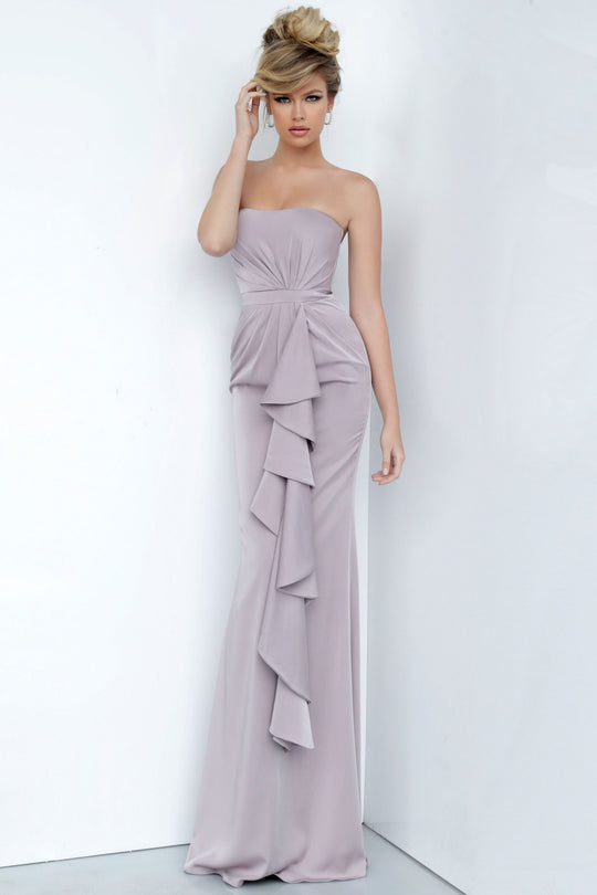Jovani - 67376 Strapless Ruffle Detailed Sheath Dress In Gray