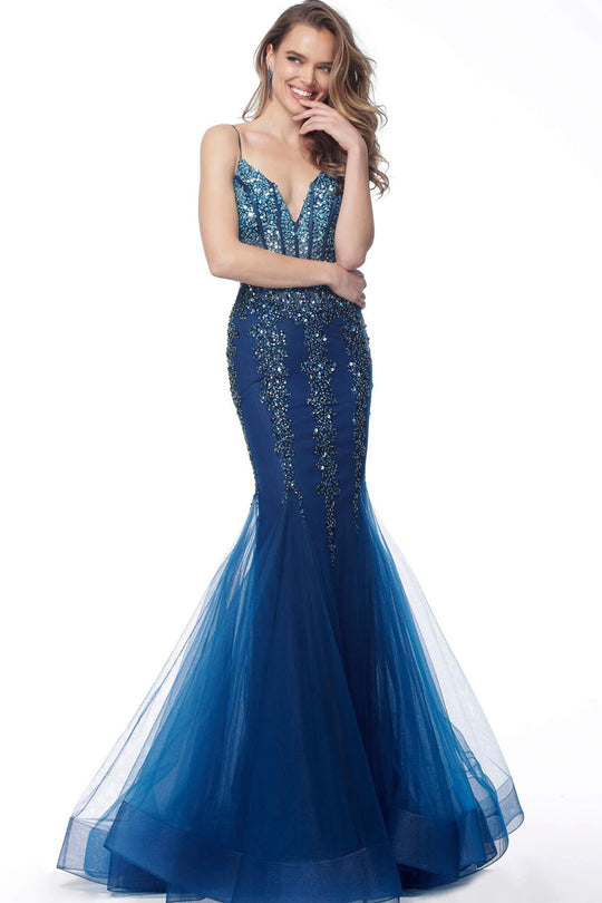 Jovani - 67034 Jewel Beaded Tulle V Neck Mermaid Dress In Blue