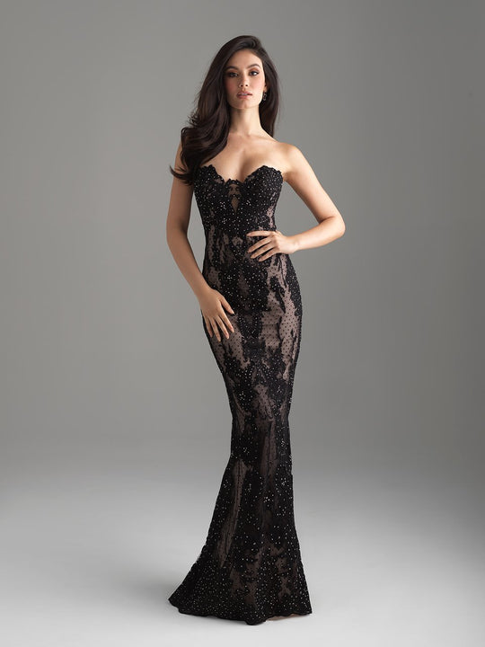 Madison James - 18-599 Beaded Lace Sweetheart Sheath Dress In Black and Neutral