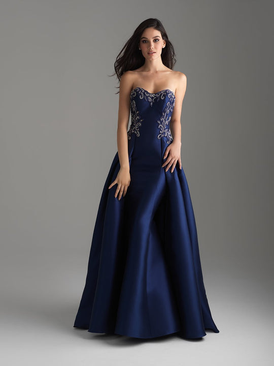 Madison James - 18-606 Strapless Scroll Beaded Mikado Overskirt Gown In Blue