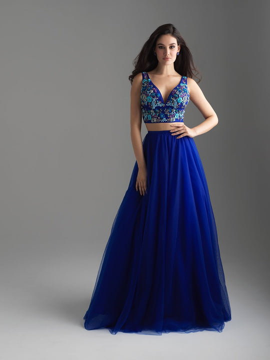 Madison James - 18-611 Two Piece Embroidered Floral A-line Dress In Blue and Multi-Color