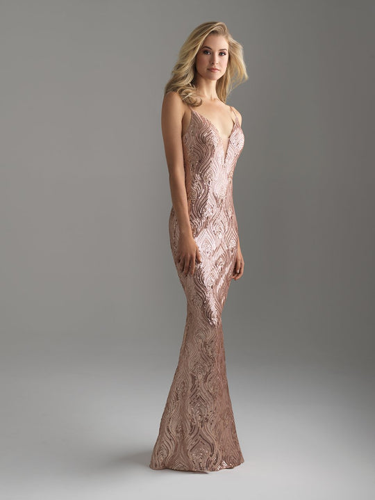 Madison James - 18-624 Deep V-neckline Sequined Sheath Gown In Pink