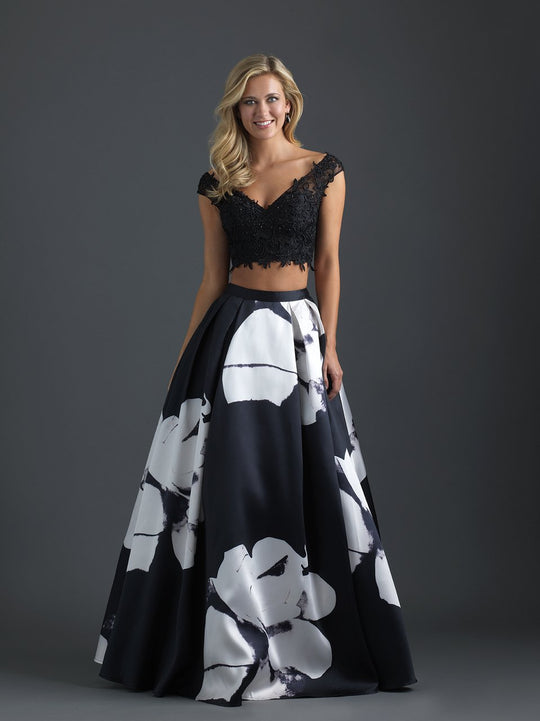 Madison James - 18-630 Two Piece Lace Floral Evening Gown In Black and White