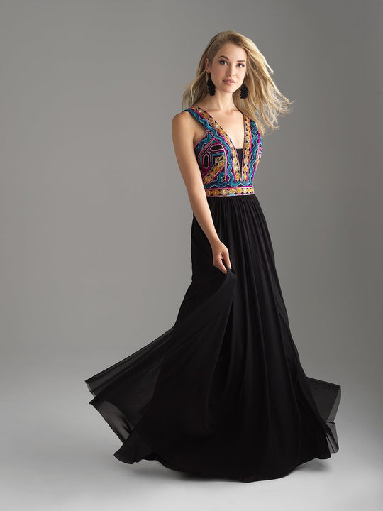 Madison James - 18-633 Beaded Deep V-neck Chiffon A-line Gown In Black