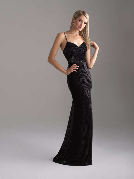 Madison James - 18-639 Slim Straps Sequined Sheath Gown In Black