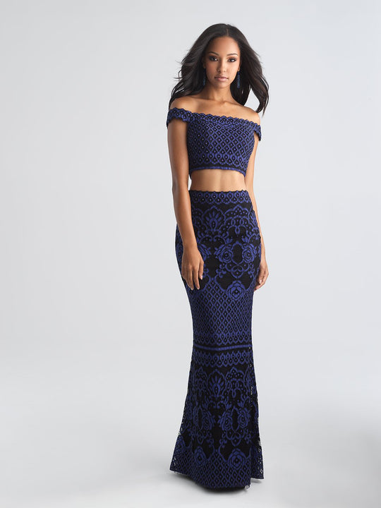 Madison James - 18-646 Two Piece Floral Lace Sheath Dress In Blue and Black