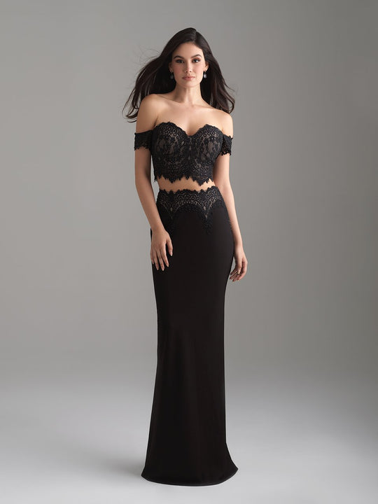 Madison James - 18-649 Two Piece Off-Shoulder Lace Evening Dress In Black