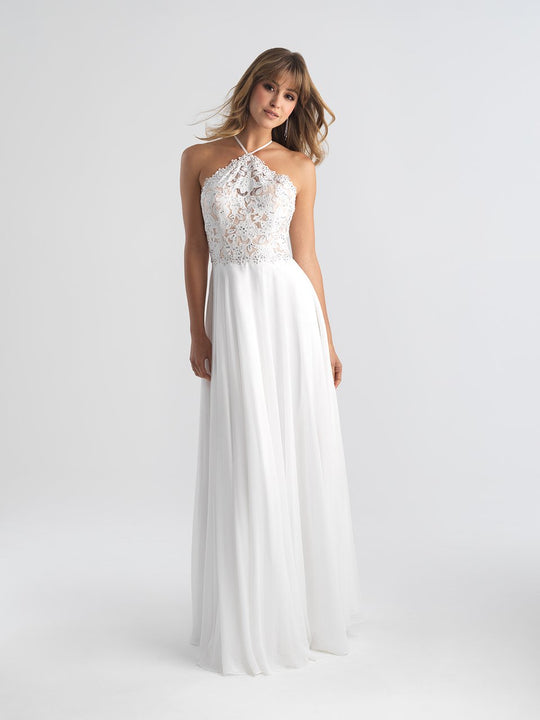 Madison James - 18-653 Floral Appliqued Halter Evening Dress In White