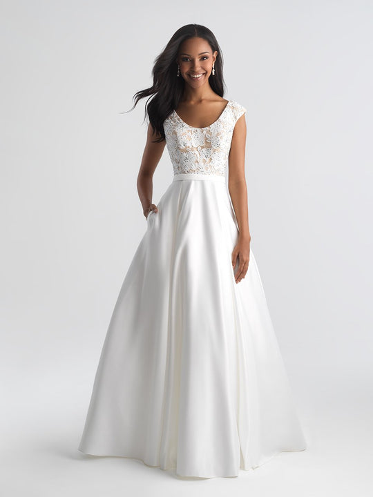 Madison James - 18-654 Beaded Floral Appliqued A-Line Dress In White