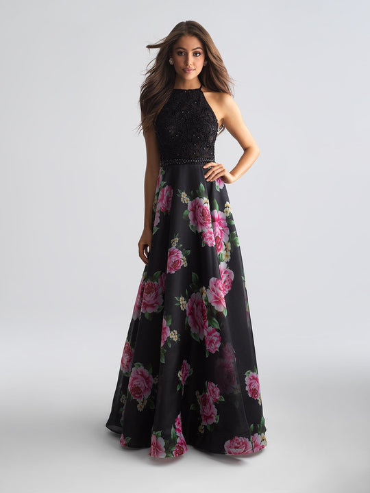 Madison James - 18-658 Beaded Halter Neck Floral A-line Gown In Black