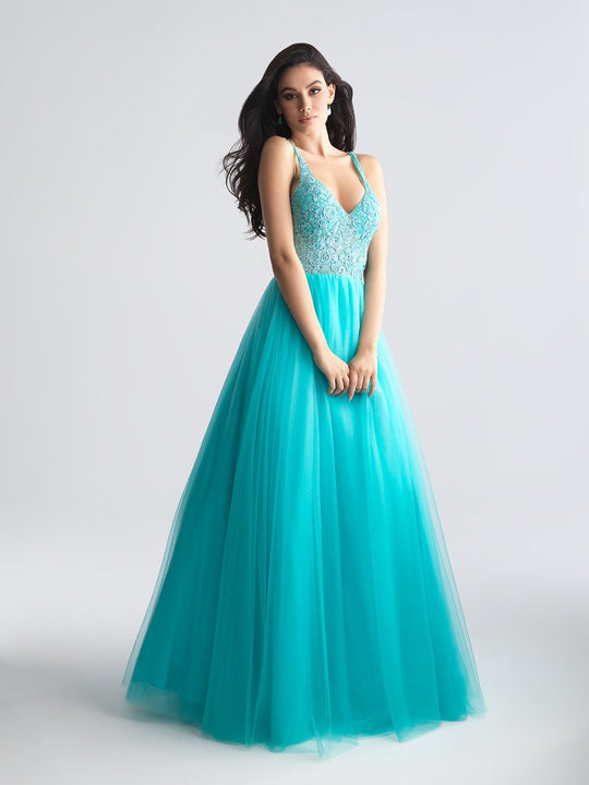 Madison James - 18-668 Sheer Beaded Lace A-Line Evening Dress In Blue