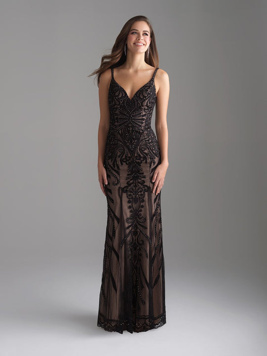 Madison James - 18-676 Elegant Plunging V-neck Lace Sheath Dress In Black and Neutral