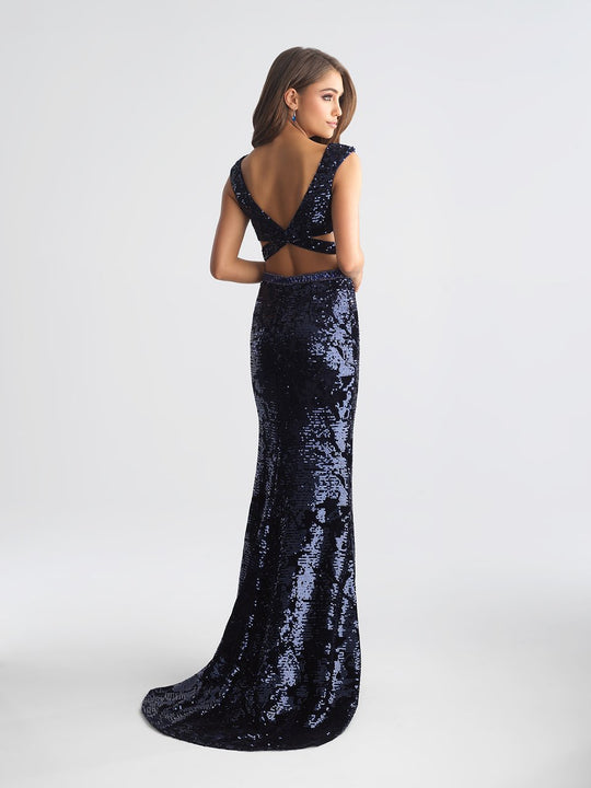 Madison James - 18-678 Two Piece Velvet and Sequined Sheath Dress In Blue
