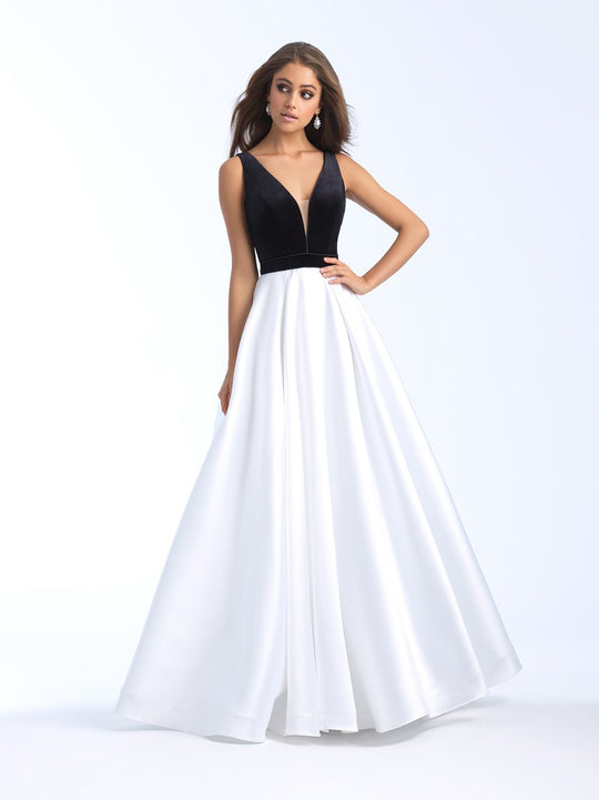 Madison James - 18-684 Velvet V-neck Mikado Ballgown In Black and White