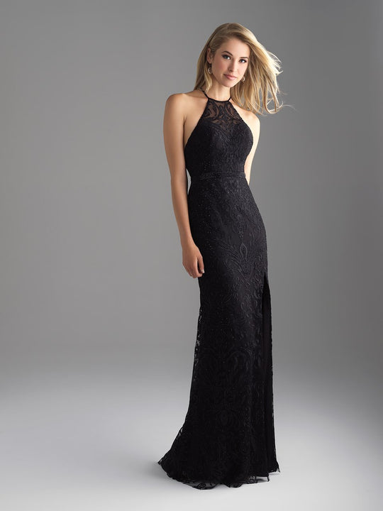 Madison James - 18-687 Embroidered Halter Sheath Dress In Black