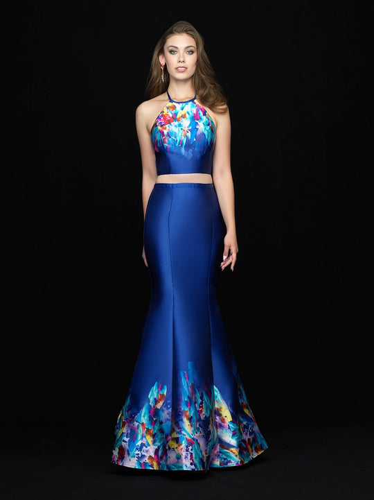 Madison James - 18-691 Halter Neck Two-Piece Mikado Mermaid Gown In Blue and Multi-Color
