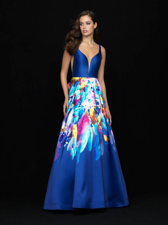 Madison James - 18-693 Deep V-neck Multi-Printed A-line Gown In Blue and Multi-Color