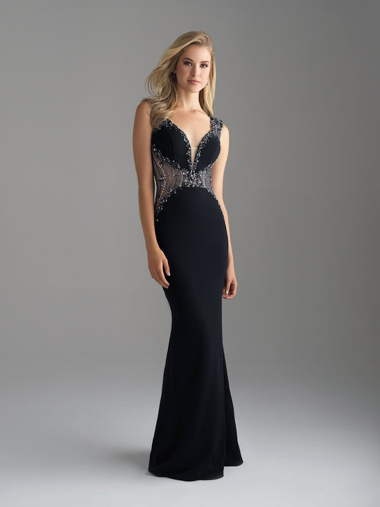 Madison James - 18-696 Embellished Deep V-neck Sheath Dress In Black