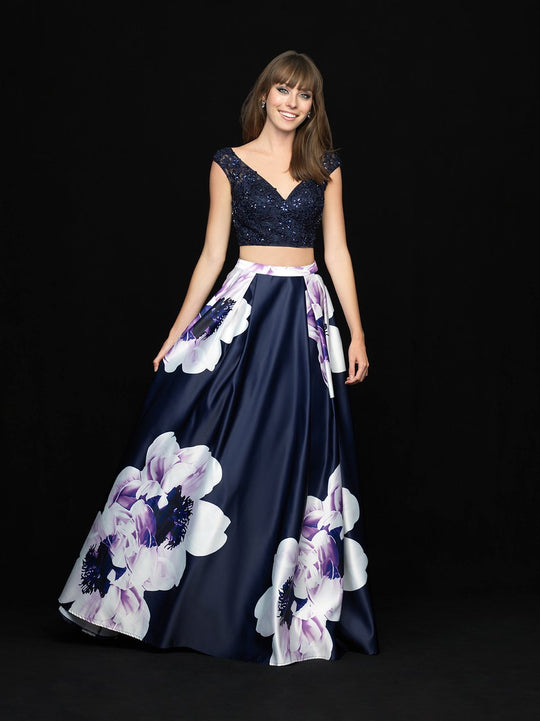 Madison James - 18-700 Two Piece Lace V-neck Floral Print Ballgown In Blue