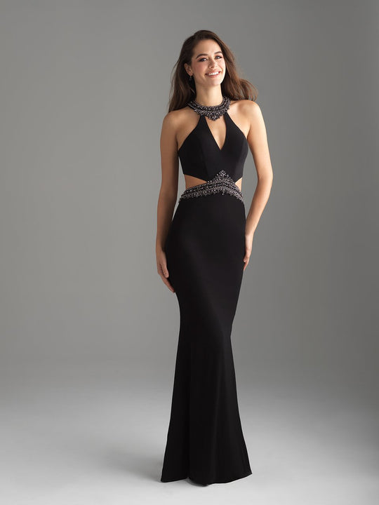 Madison James - 18-701 Beaded High Halter Sheath Dress In Black