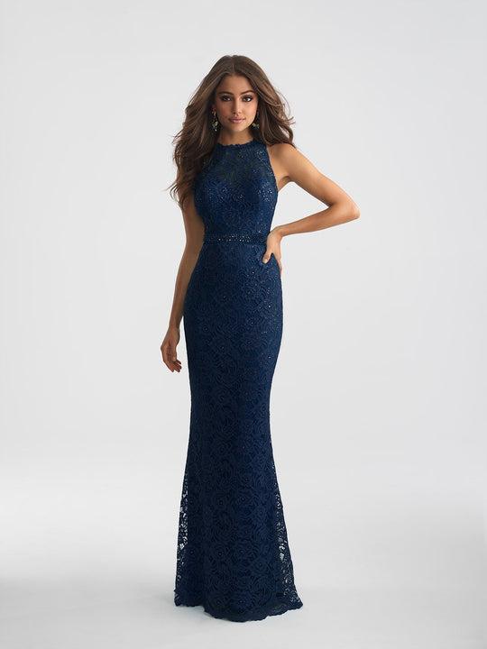 Madison James - 18-706 Lace Halter Sheath Dress In Blue