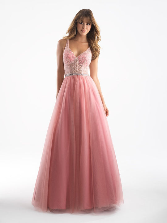 Madison James - 18-712 Embellished Illusion V-neck Ballgown In Pink