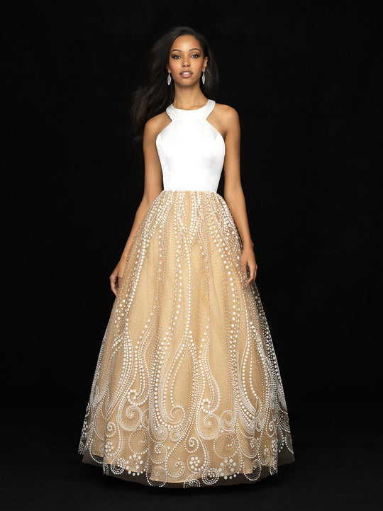 Madison James - 18-716 Long Satin Halter A-line Dress In White and Neutral